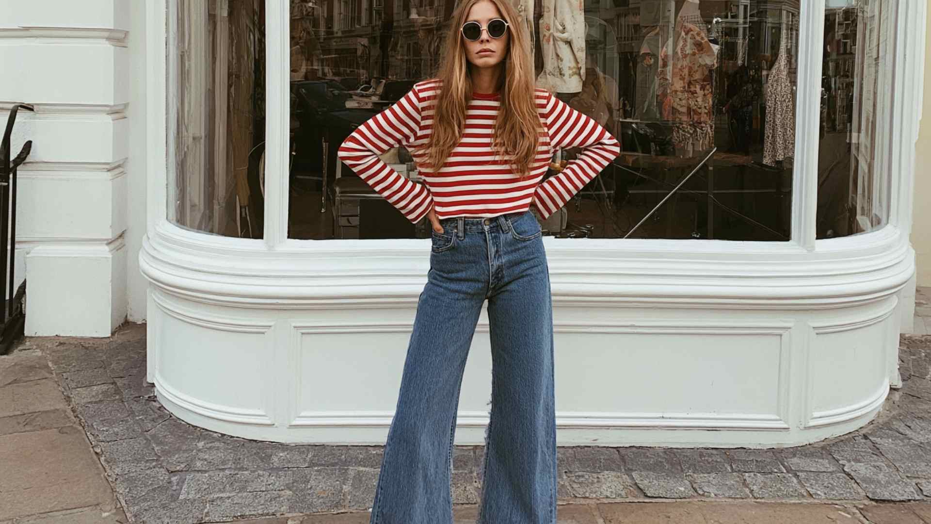 Wide leg jeans with a striped sweater for a casual winter outfit