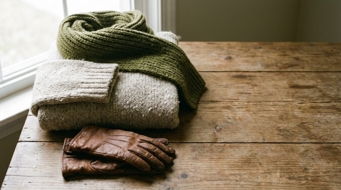 Warm wool sweater and green scarf on wooden table near window