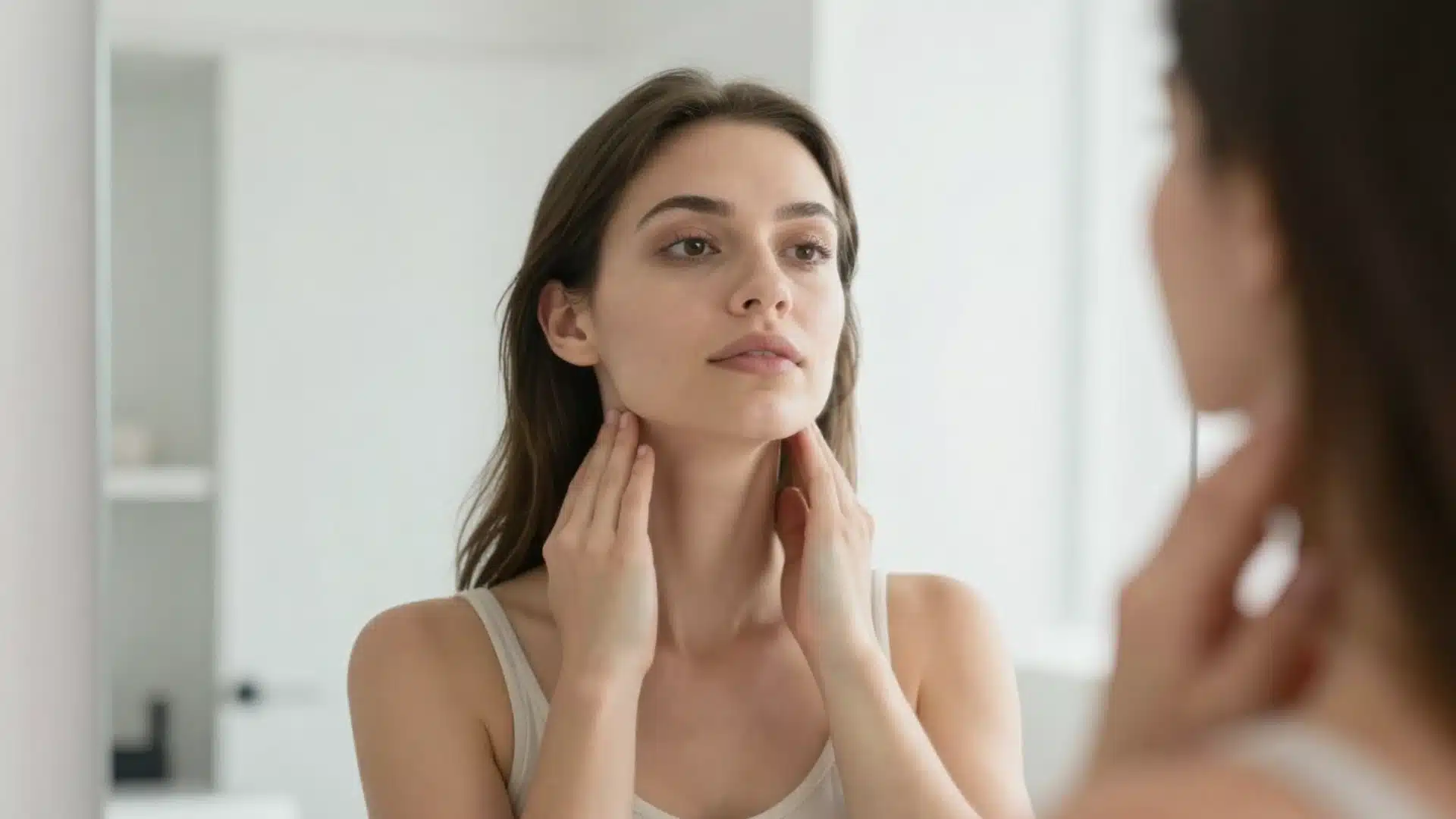 Woman gently touching her neck while looking in a bathroom mirror during a skincare and facial assessment.