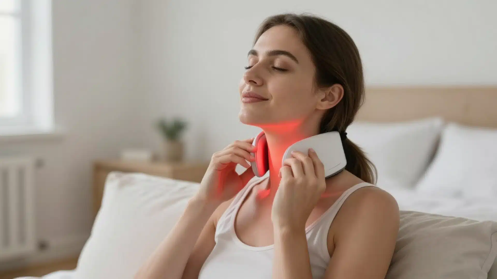 Woman using red light neck mask during skincare routine in a softly lit room.