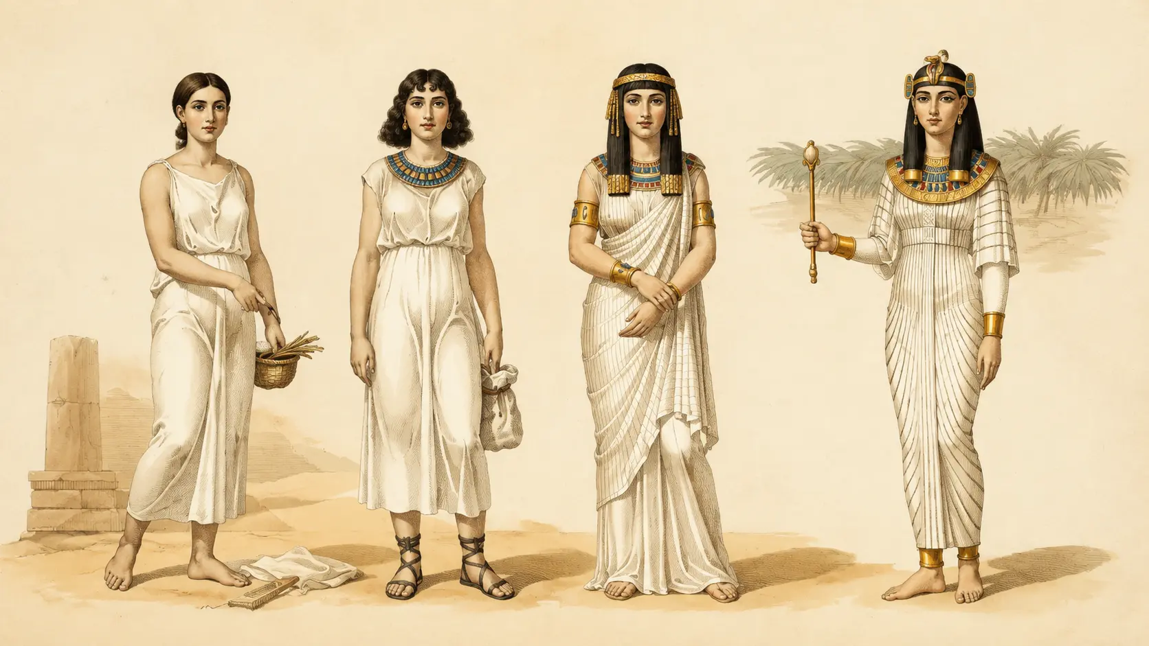 Ancient Egyptian women wearing linen dresses jewelry and royal garments in a detailed historical fashion illustration