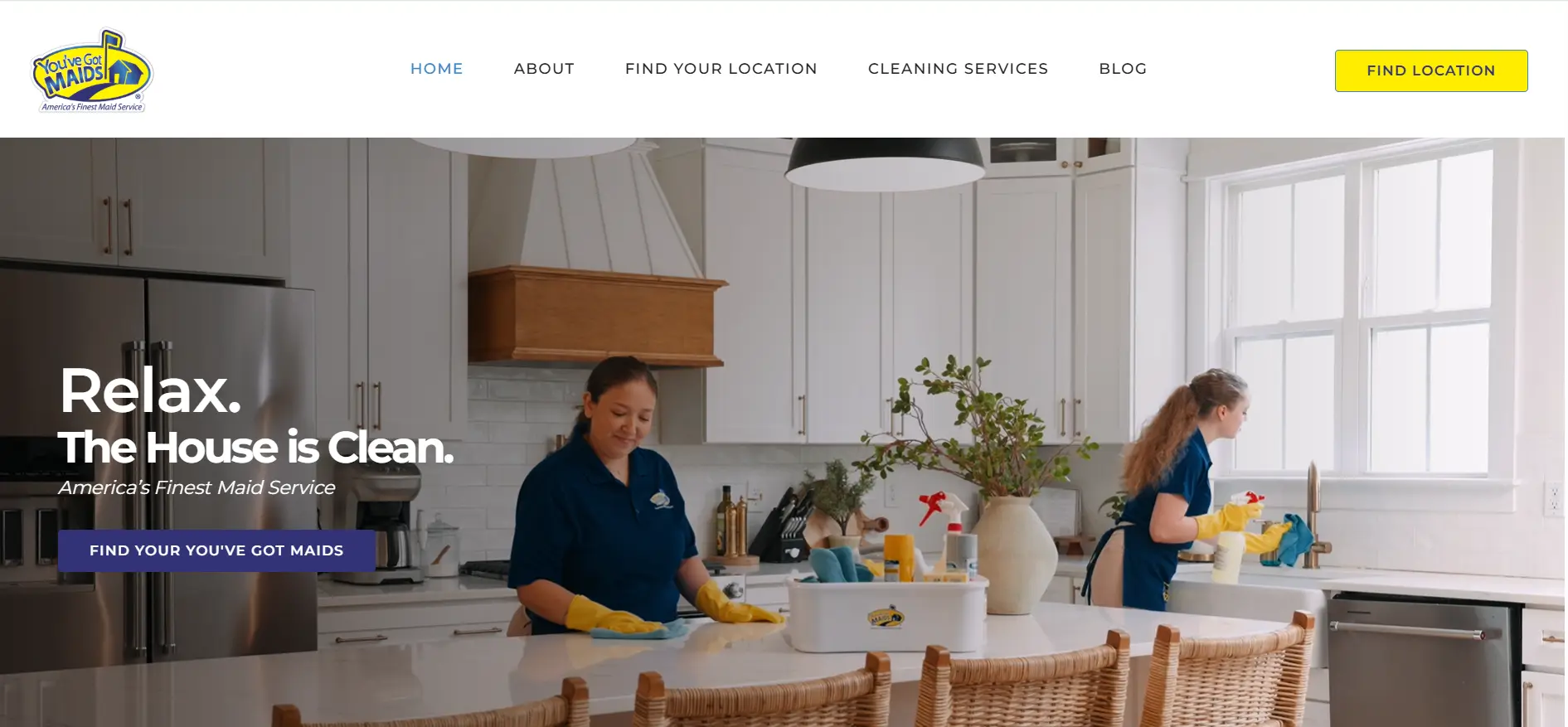 Two women cleaning modern kitchen with white cabinets and plants in natural light