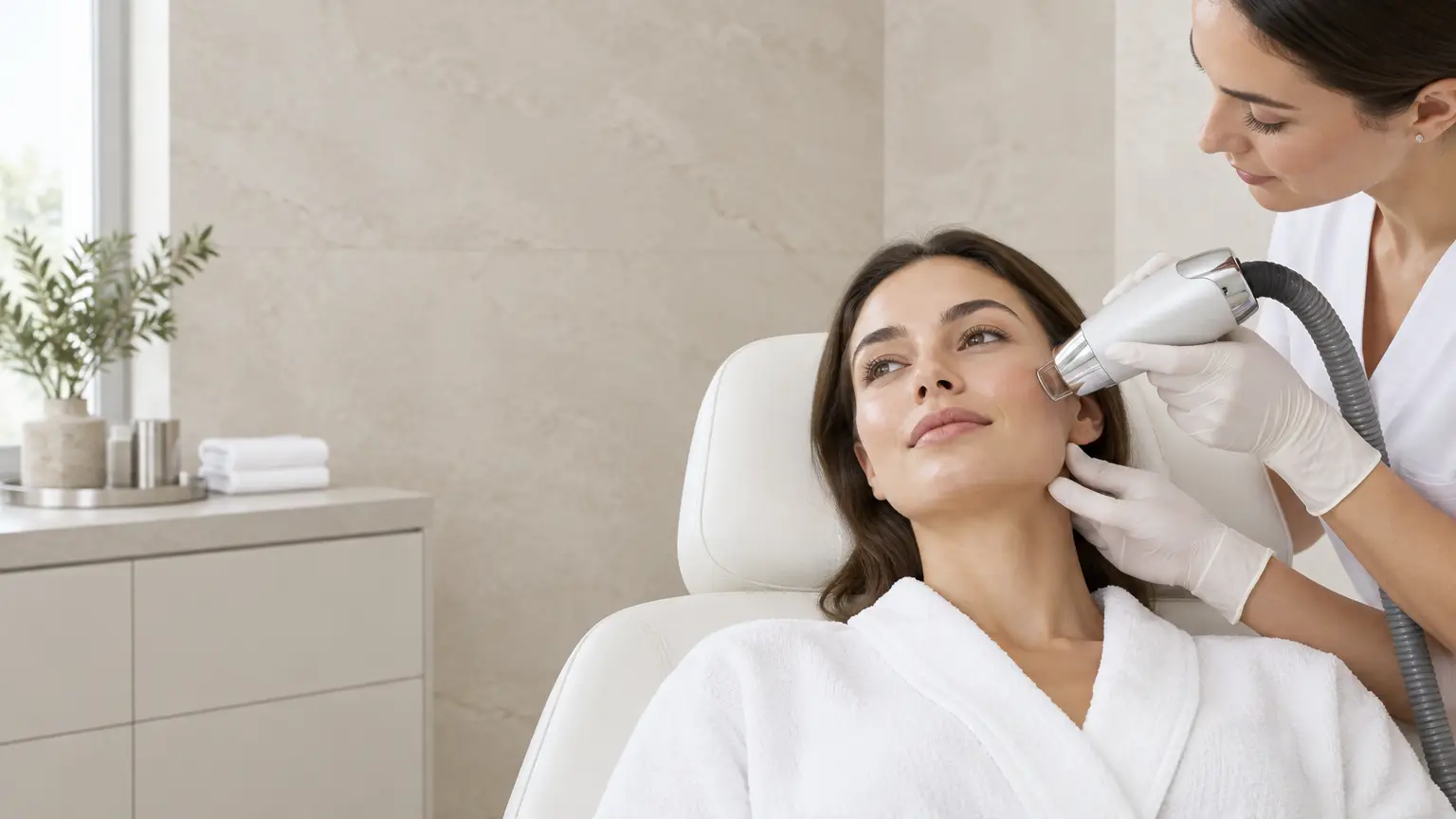 Woman receiving facial treatment with handheld device in bright spa room