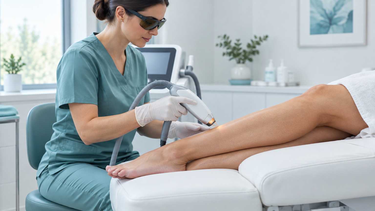 Woman in scrubs performing laser hair removal on legs in a clinic setting