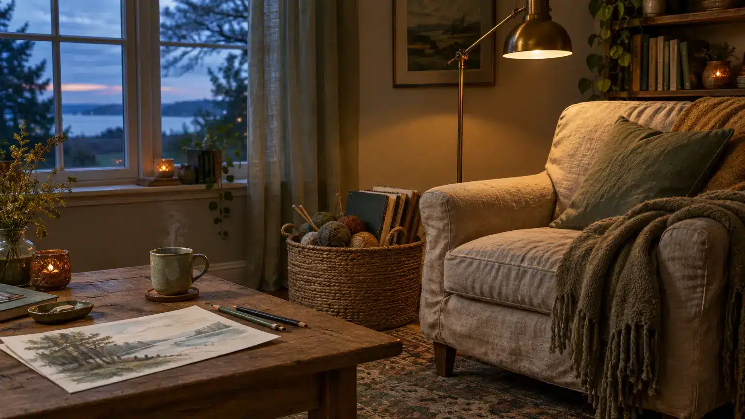 Cozy living room with armchair, knitted throw, steaming mug, and window view of sunset sky