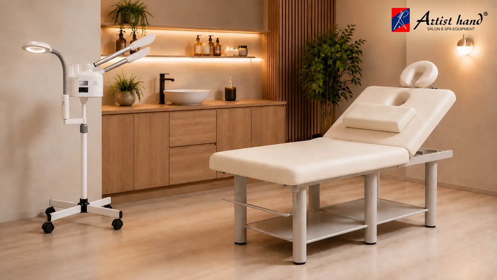 Massage table and beauty equipment in a warmly lit modern spa setting