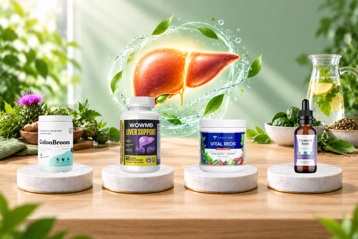 Dietary supplements on marble stands with herbal decorations in a brightly lit setting