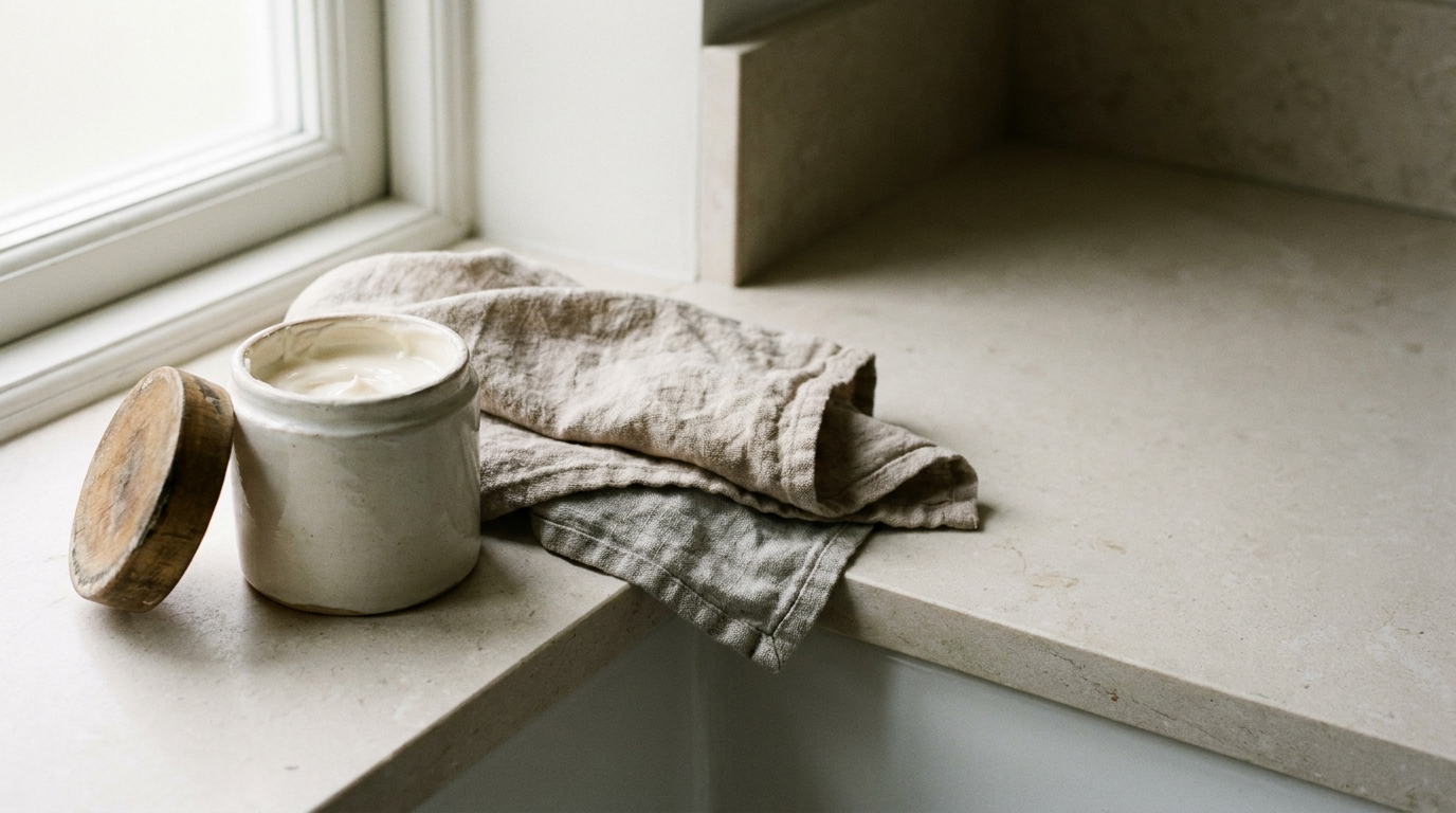 Ceramic jar of cream and folded linen cloth on stone windowsill in natural light