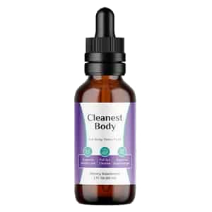 Dark amber glass dropper bottle with purple and white label on white background
