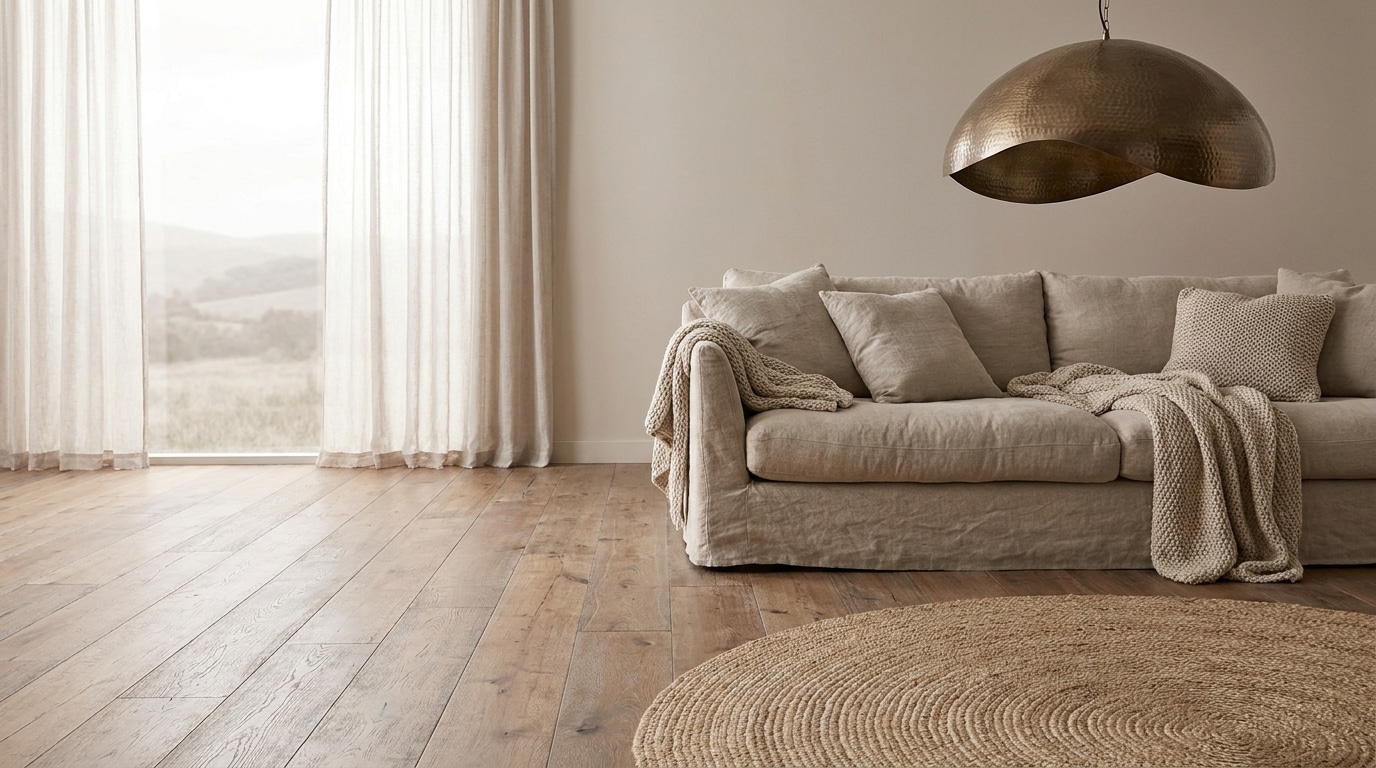 Beige sofa with knitted throw in airy living room under large metal pendant light