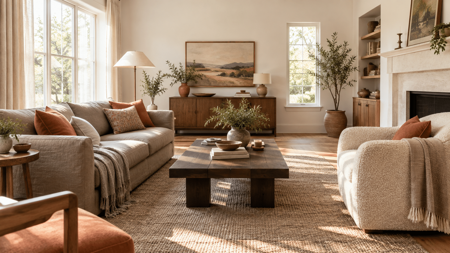 Cozy living room with beige sofas and orange cushions in bright natural light