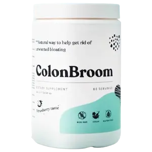 White plastic container of ColonBroom dietary supplement with minimal design on label
