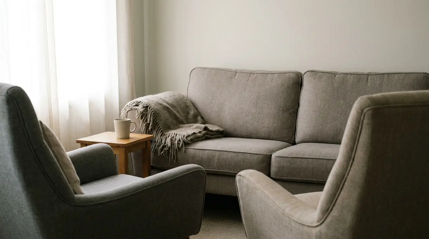 Cozy living room with gray sofas, wooden side table, and mug under soft lighting