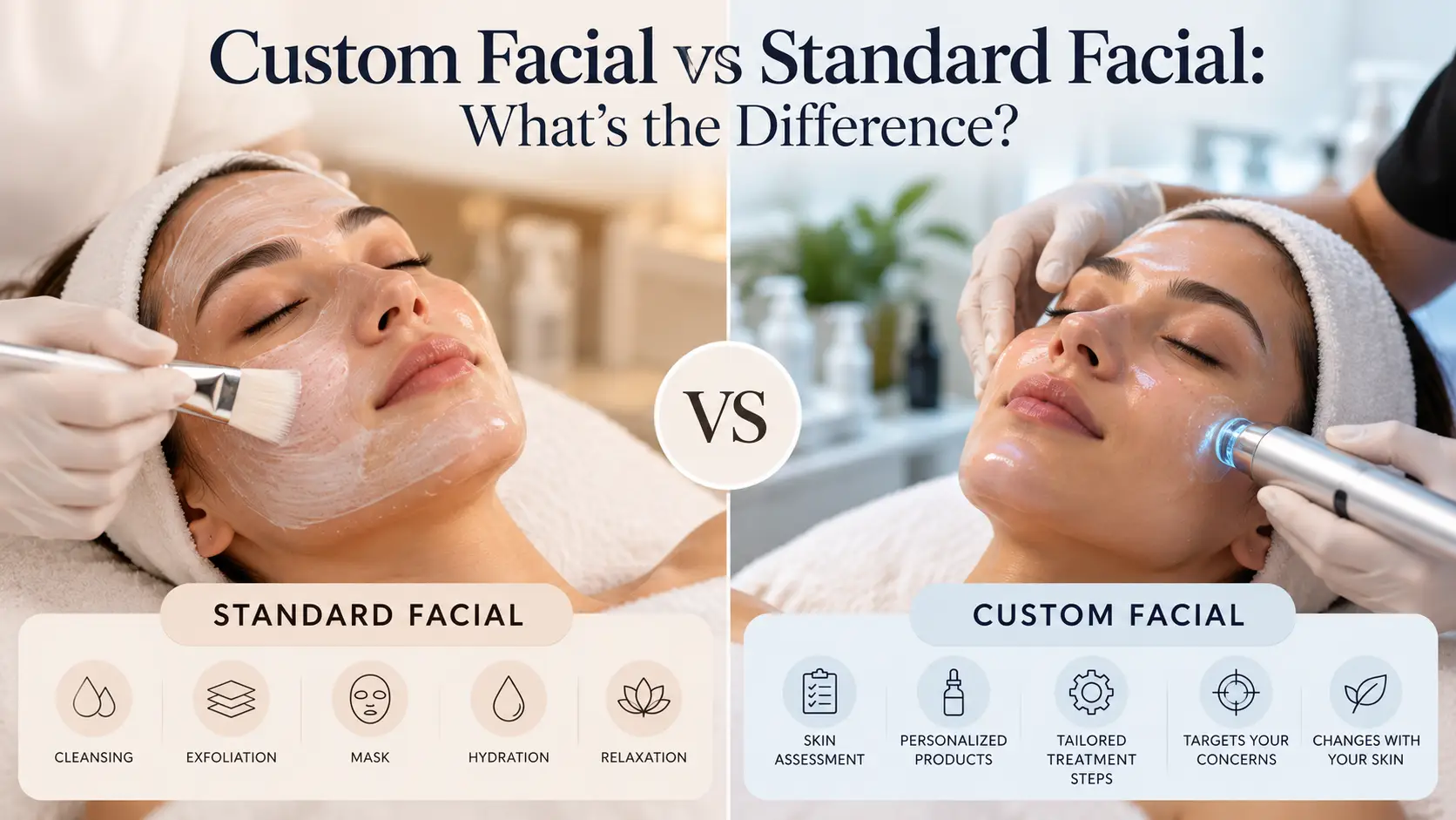 Side-by-side comparison of standard and custom facials in a spa setting