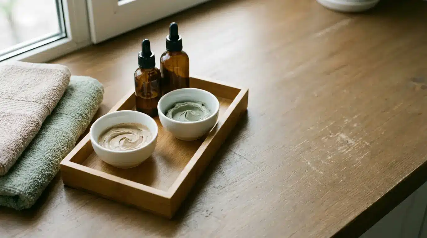 Two bowls with face masks and amber bottles on wooden tray by the window