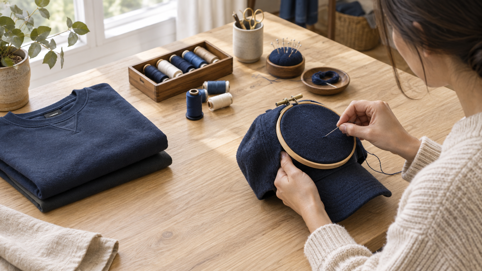 Person embroidering navy cap with thread spools on wooden table in well-lit room
