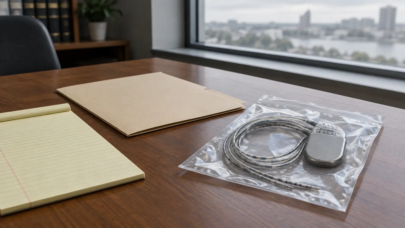 Medical implant device in clear plastic bag on wooden desk with notepad and manila folder