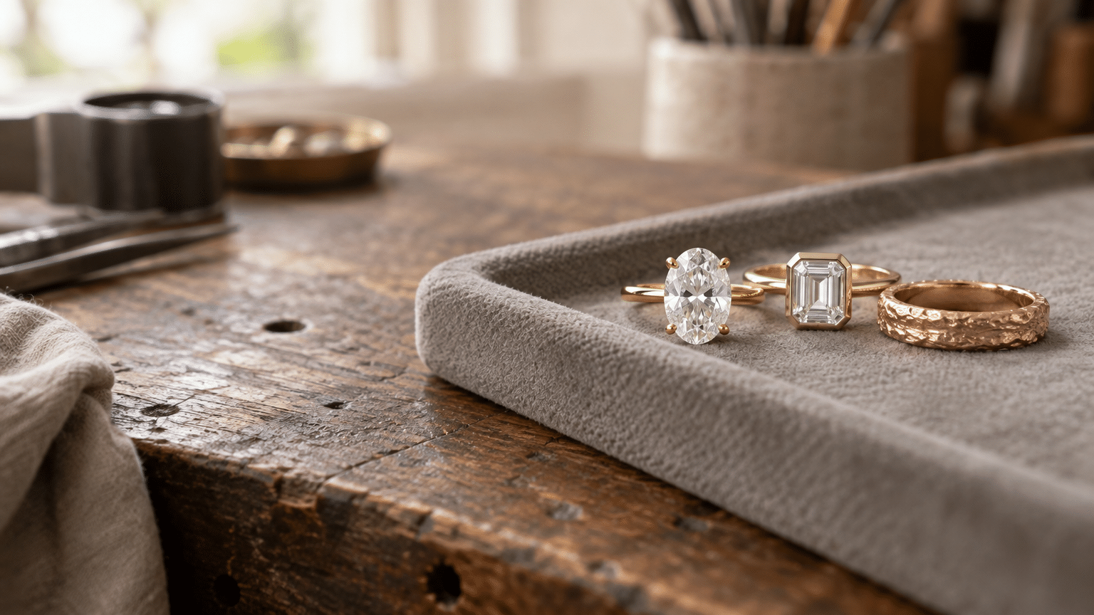 Gold and diamond rings displayed on a fabric tray in a rustic jewelry workshop