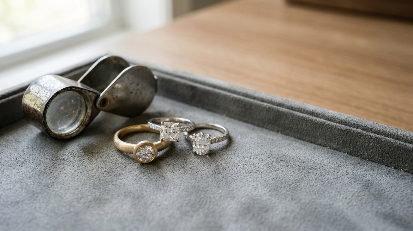 Three diamond rings with magnifying glass on gray velvet tray in natural light