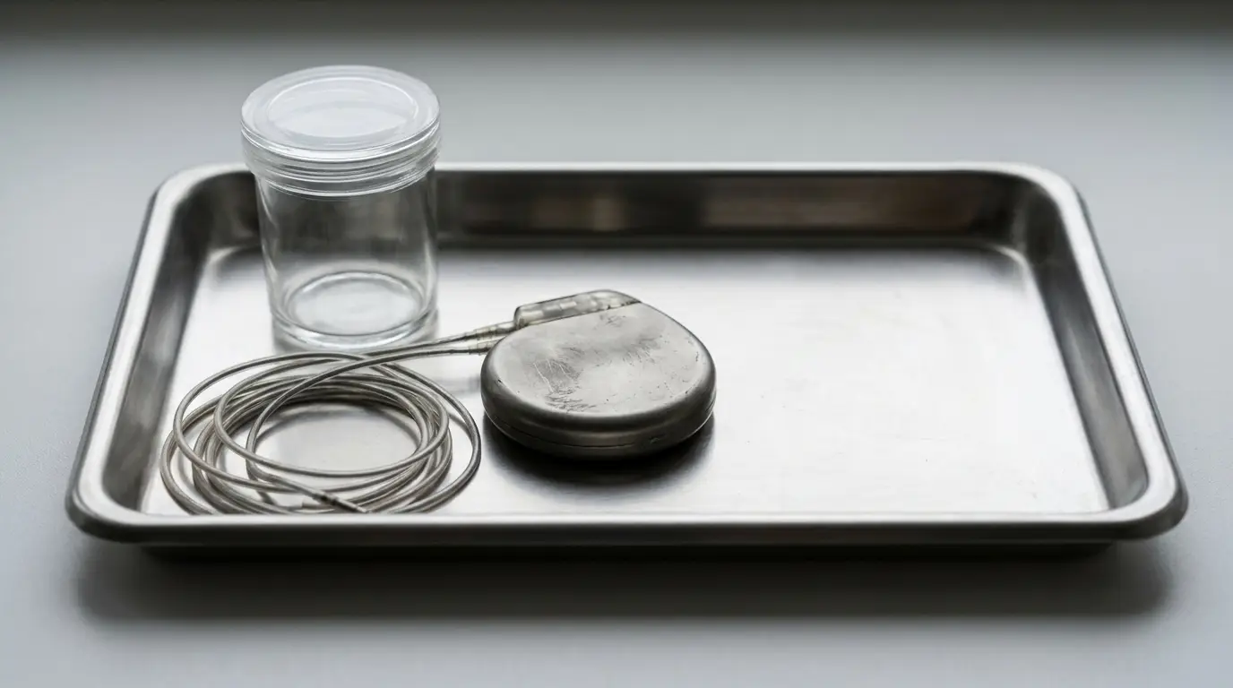 Medical pacemaker and coiled wire on stainless steel tray in clinical setting