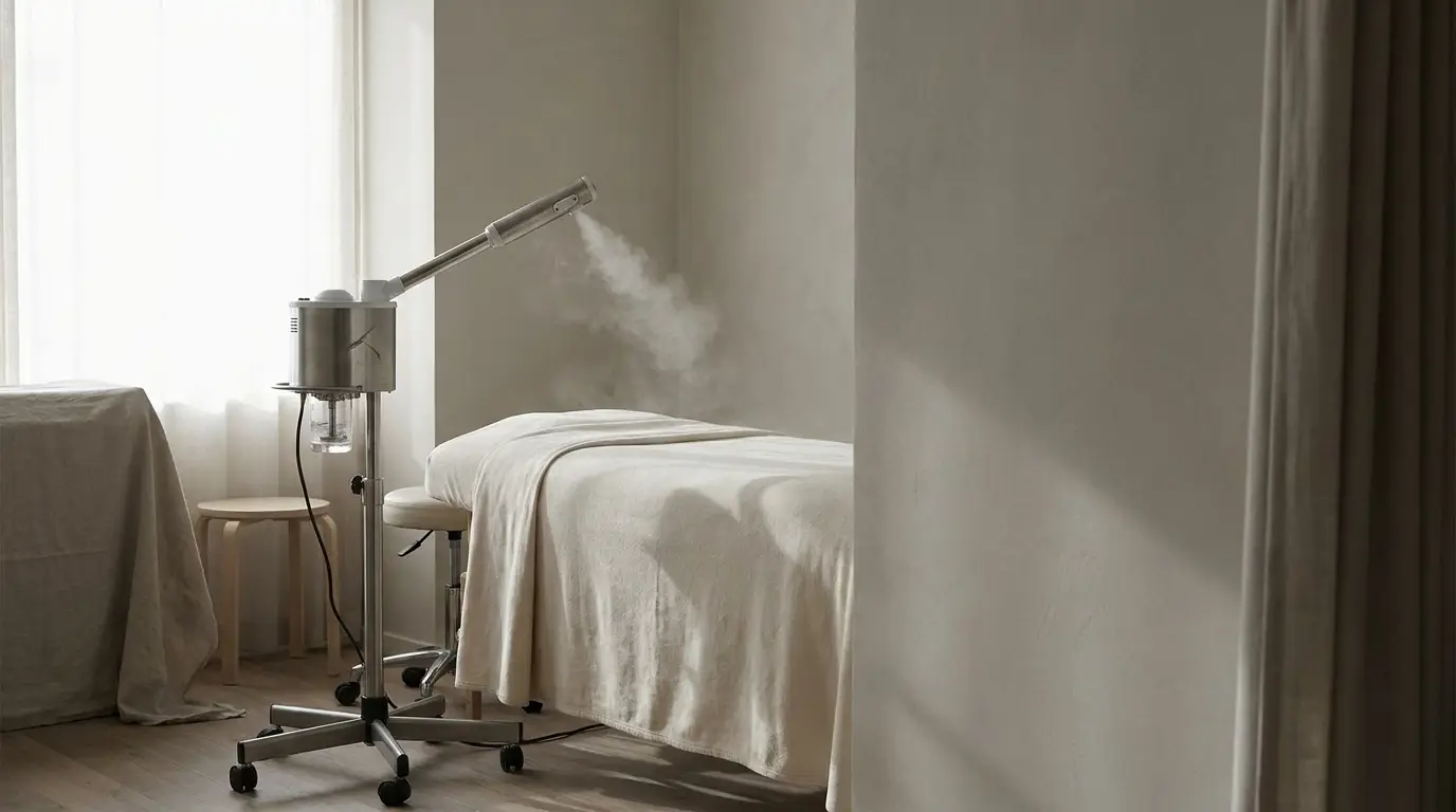 Massage table with steamer in softly lit spa room with light curtains
