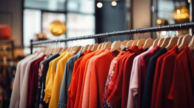Colorful assortment of clothes on wooden hangers in a boutique setting
