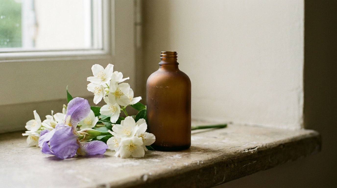 Brown glass bottle and white flowers on stone windowsill in soft natural light