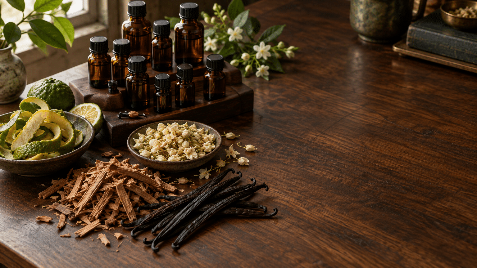 Aromatherapy essentials including oils, citrus peels, and vanilla beans arranged on wooden table in cozy setting