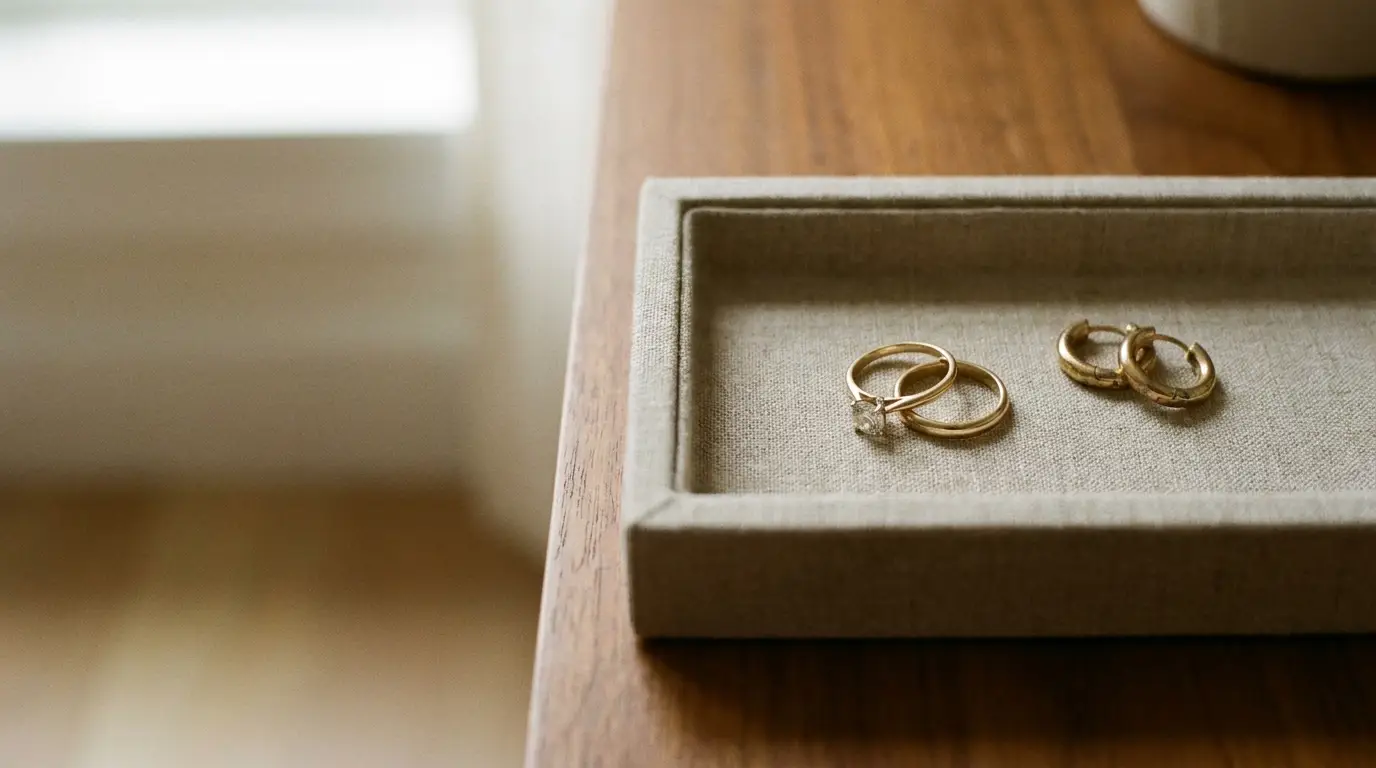 Gold ring and earrings on a beige tray on wooden surface