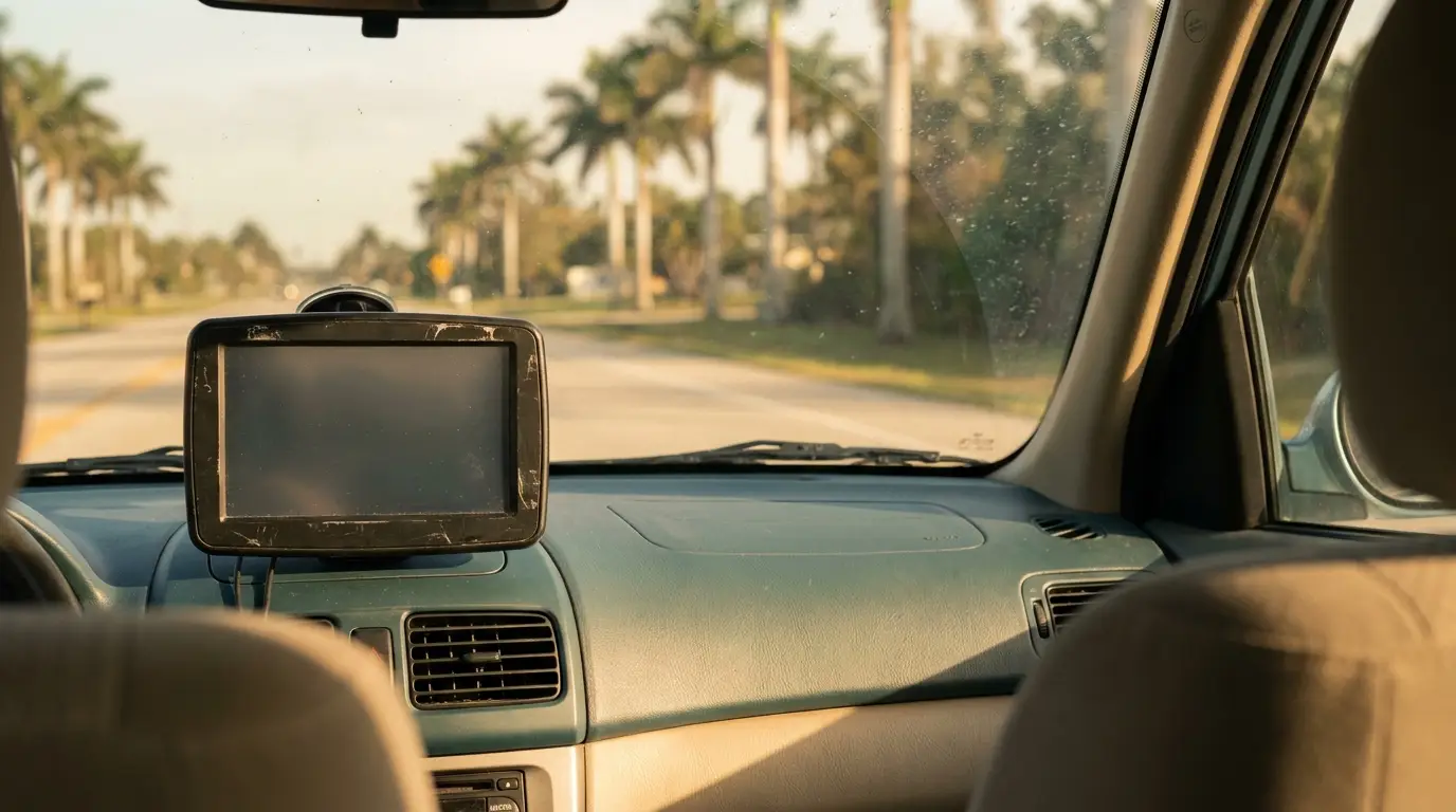 Car dashboard with GPS device on tropical road during sunset driving scene