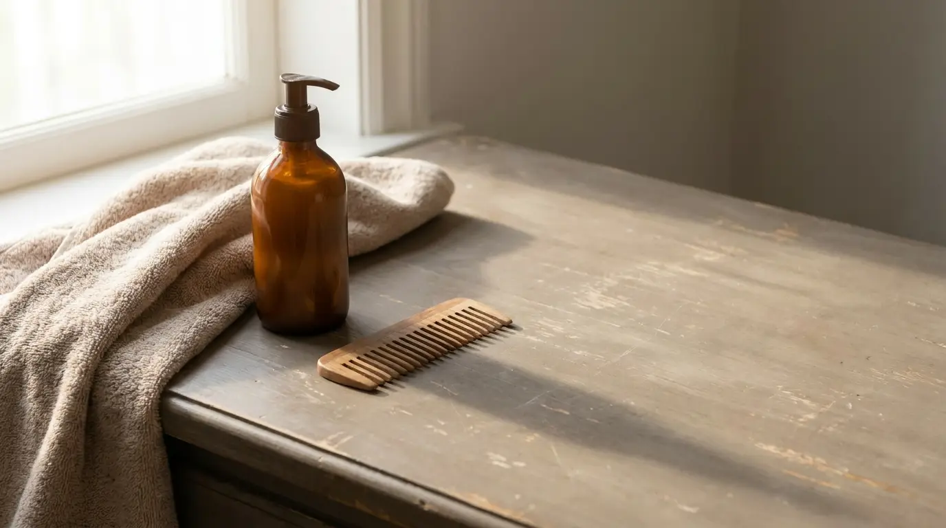 Amber glass pump bottle and wooden comb on rustic wooden table with beige towel