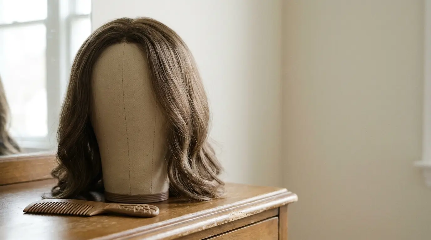 Wig on mannequin head with wooden comb on wooden dresser in softly lit room