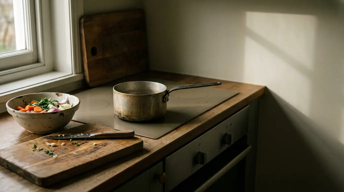 Rustic saucepan on stove beside chopped vegetables in a bowl in dimly lit kitchen