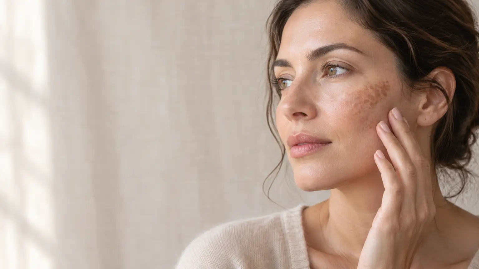 Woman with hand touching face, showing skin pigmentation, against neutral indoor background
