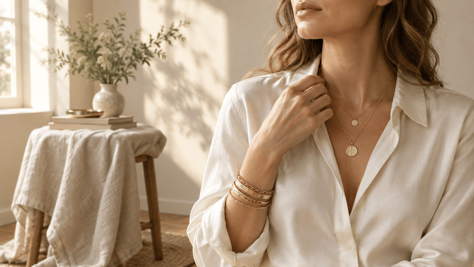 Woman wearing layered gold necklaces and bracelets in a bright room with natural decor