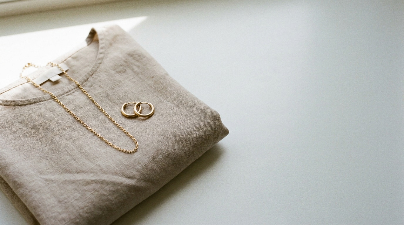 Folded beige linen shirt with gold necklace and rings on bright surface