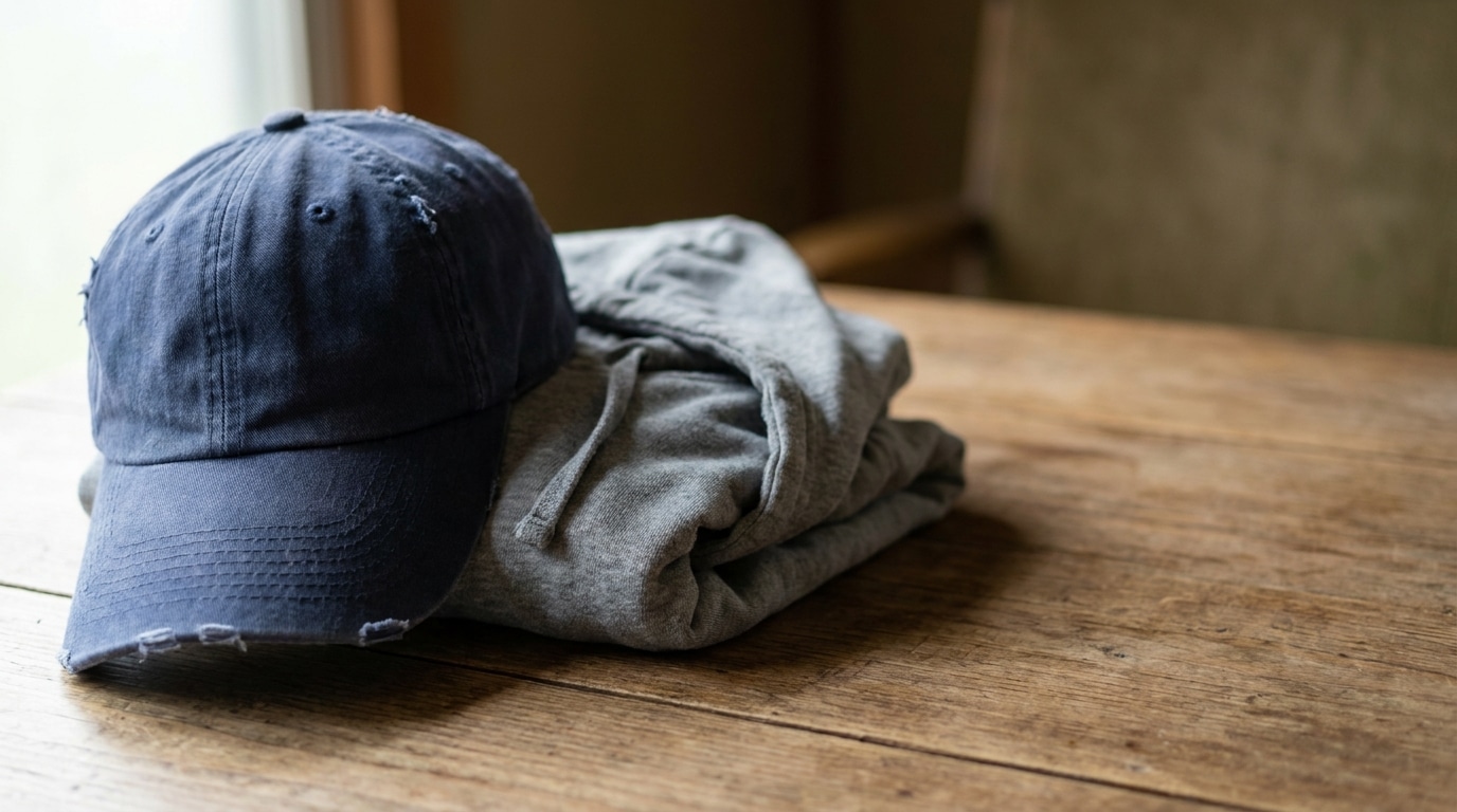 Dark blue cap resting on folded gray hoodie on wooden table in natural light
