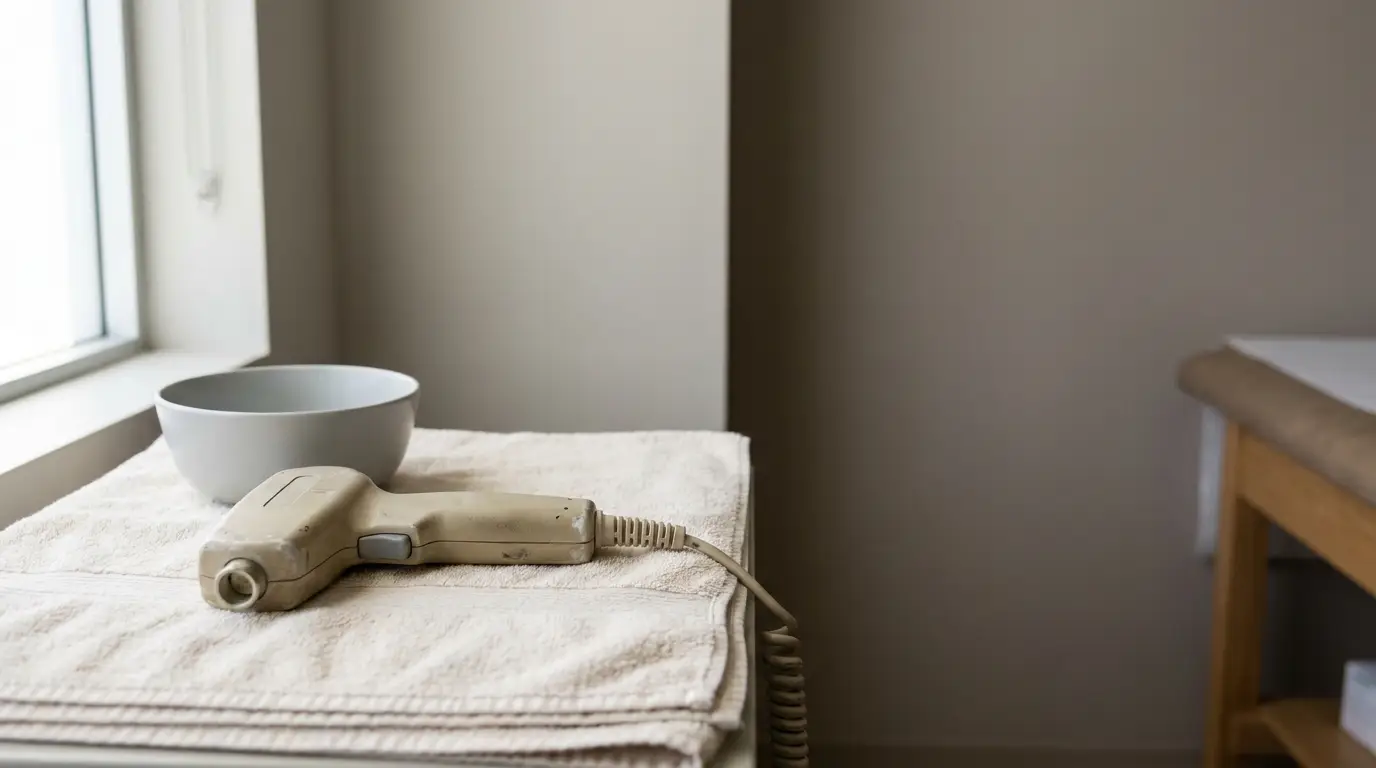 Medical tool resting on folded towels beside a gray bowl in a clinic room