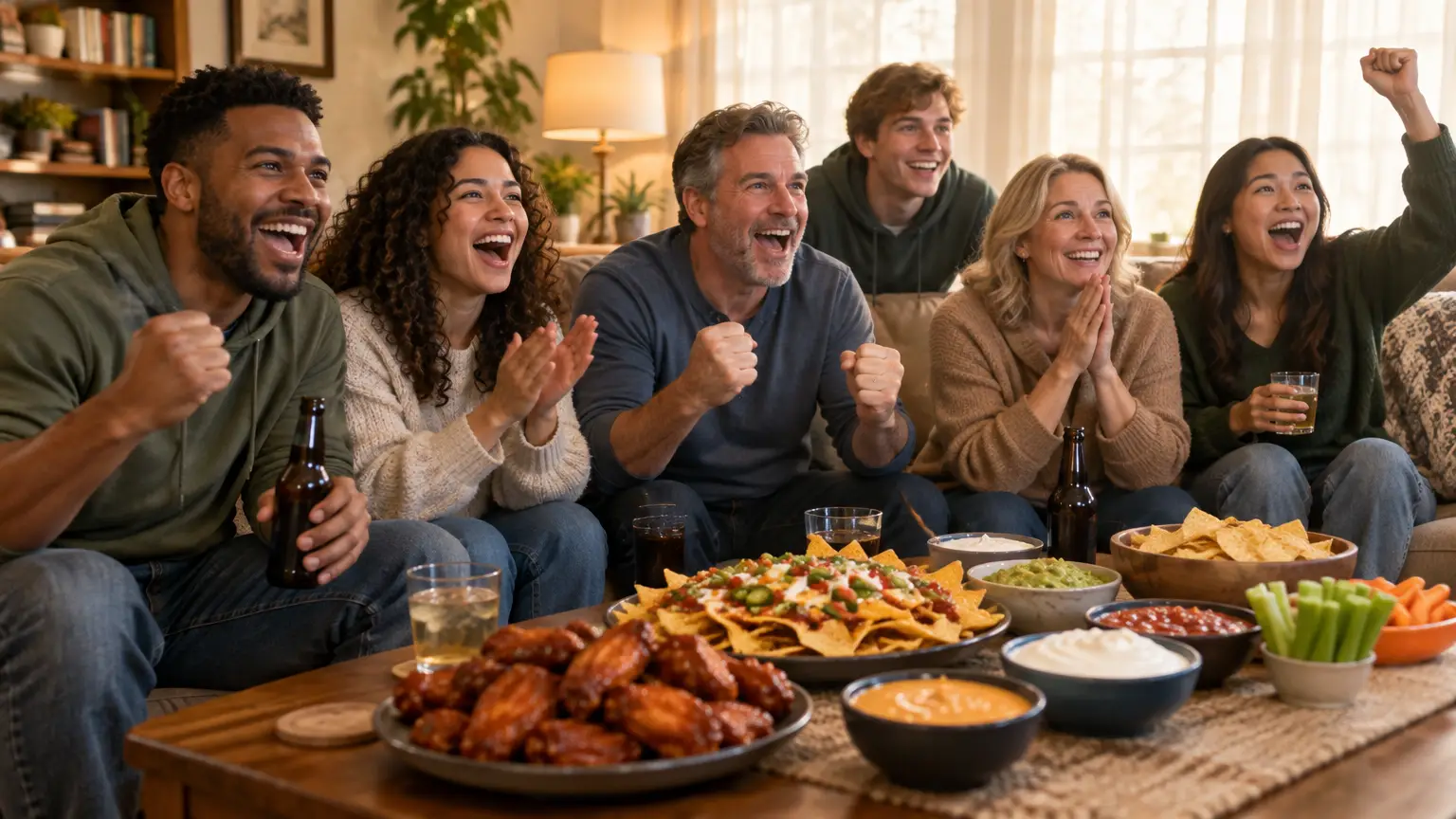 Group of people cheering on a couch with nachos and wings on a coffee table