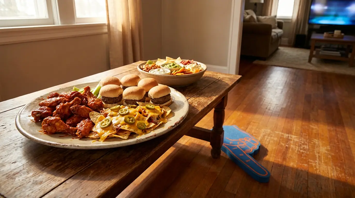 Buffalo wings, sliders, and nachos on wooden table in cozy living room setting