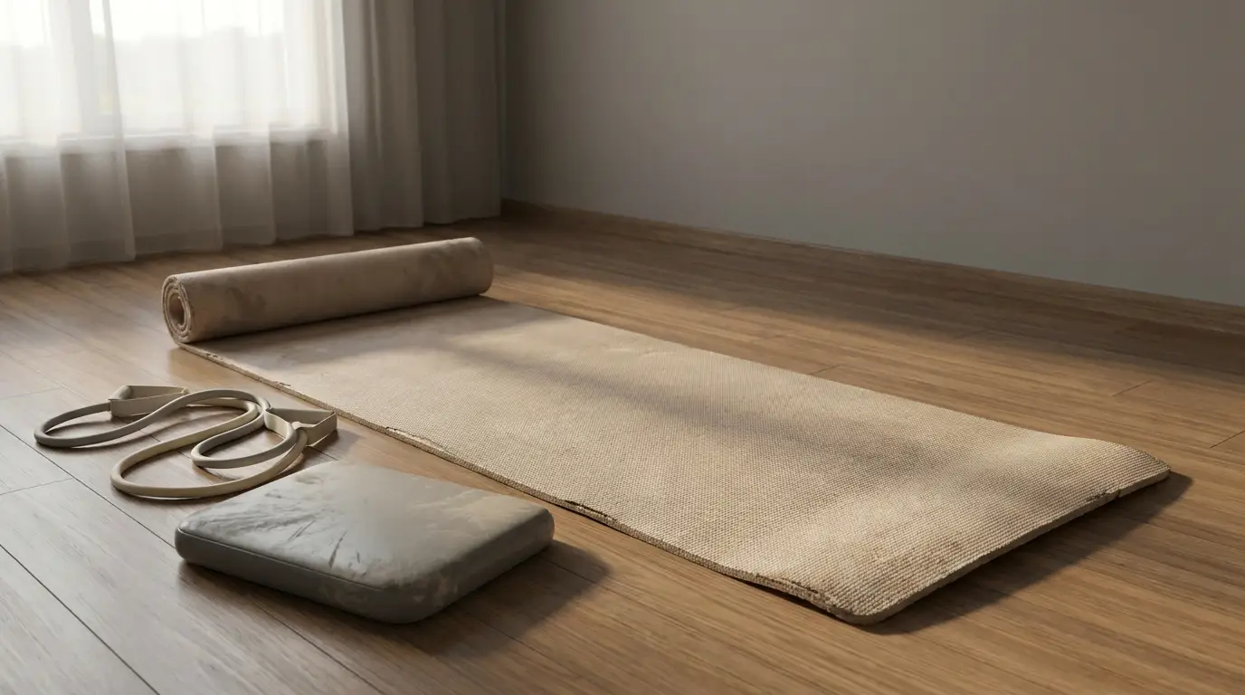 Yoga mat with pillow and resistant bands on wooden floor in sunlit room