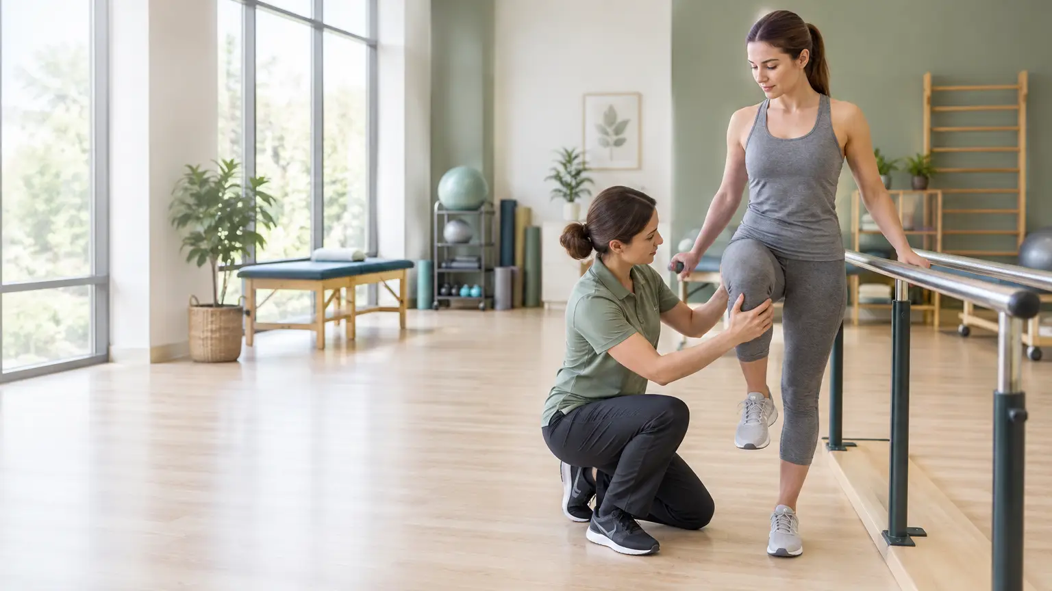 Physical therapist assisting woman with knee exercise in a bright rehabilitation studio