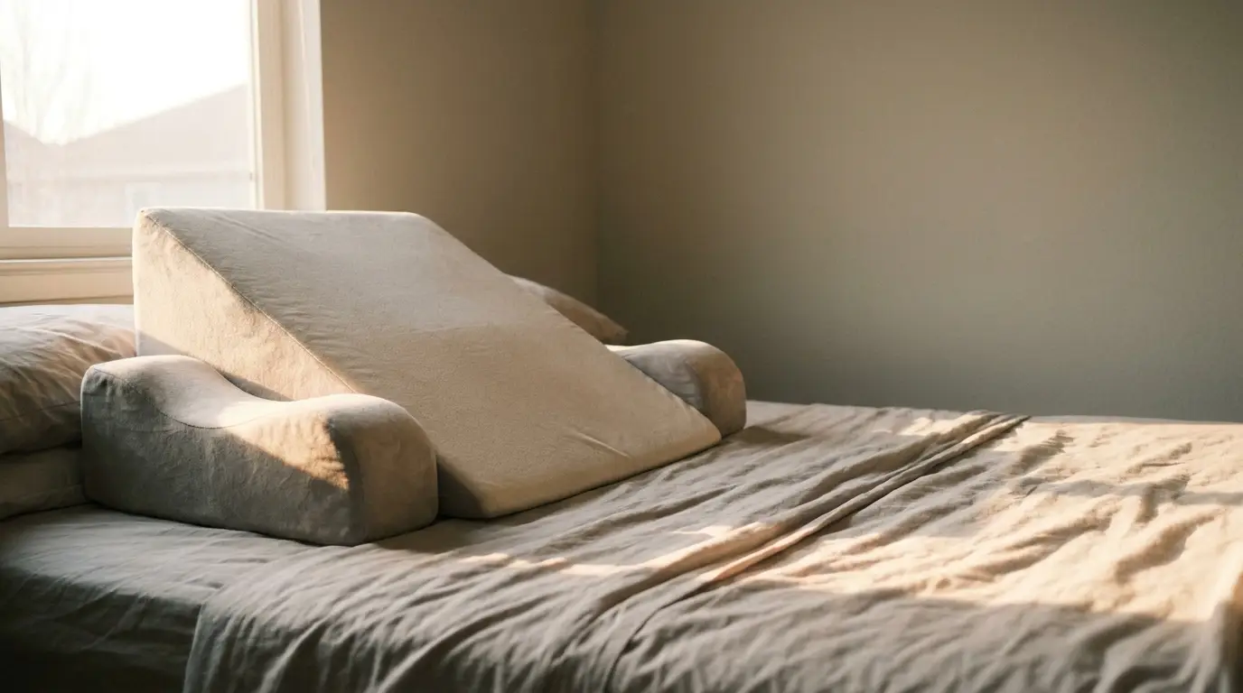 Beige bed rest pillow on a neatly made bed in soft natural light