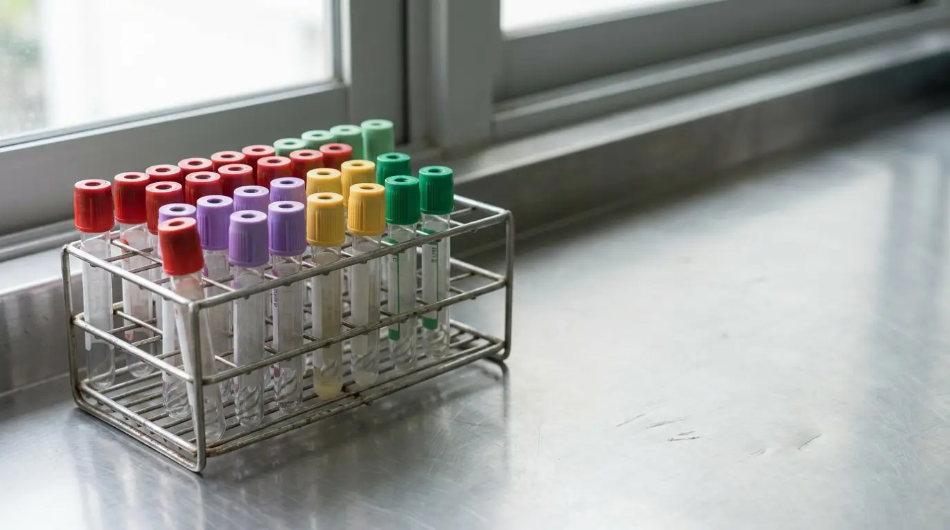 Sealed blood collection tubes with coloured caps arranged in a metal rack on a laboratory bench