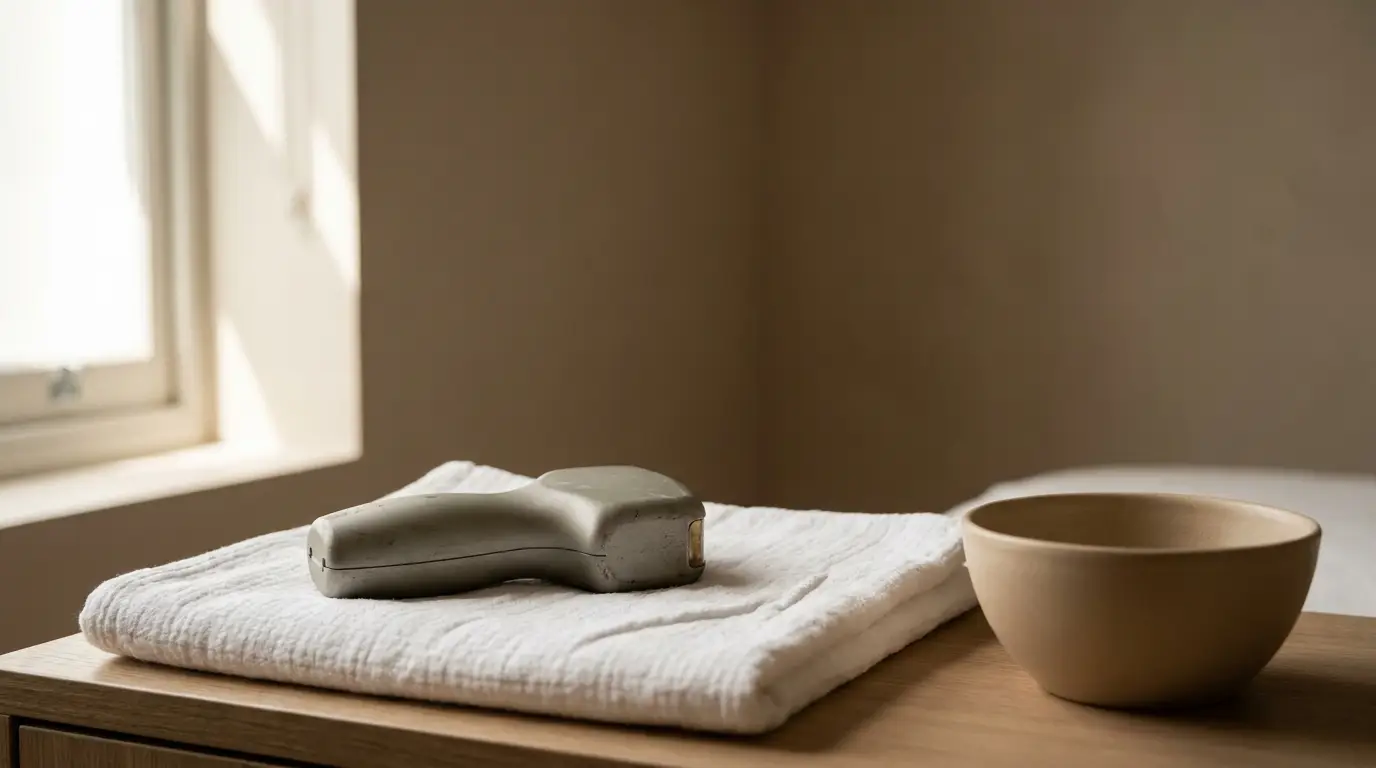 Massage gun on folded white towel beside clay bowl in sunlit room