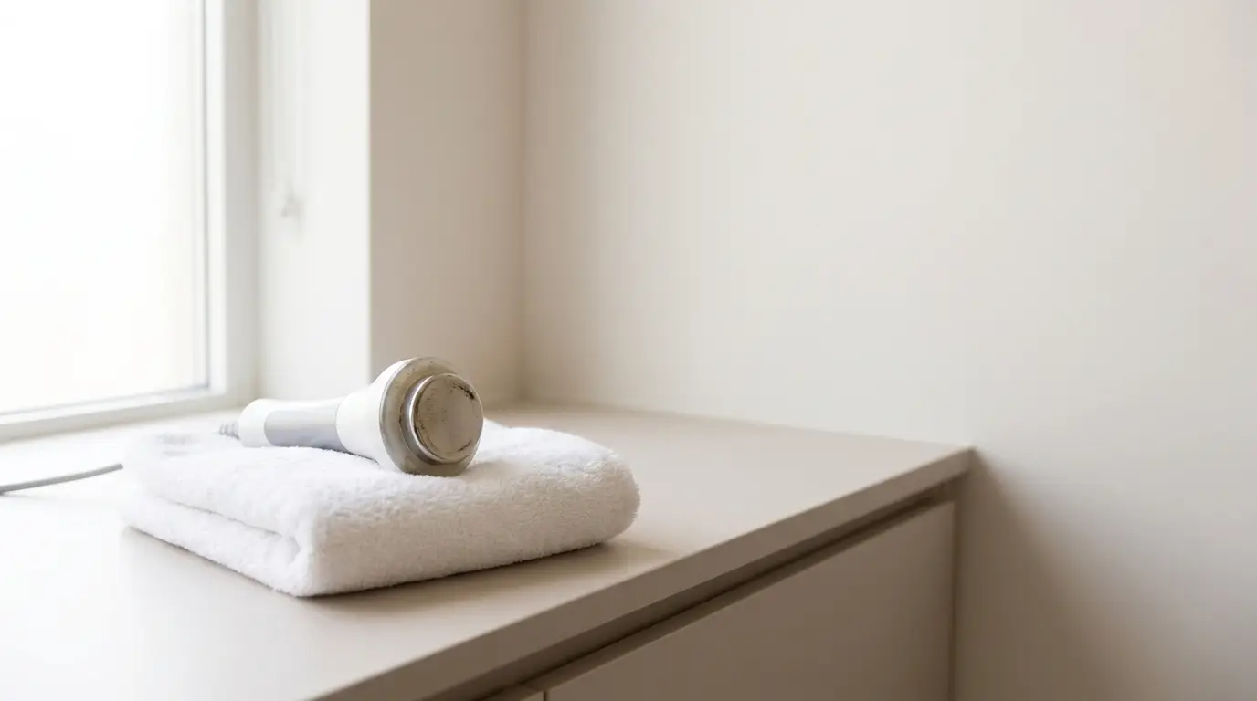 Ultrasonic cleaning device on folded white towel in minimalist bathroom setting