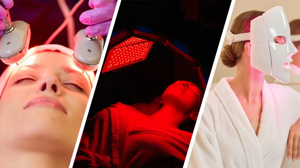 Three skincare treatments shown with LED light therapy and facial masks in spa setting