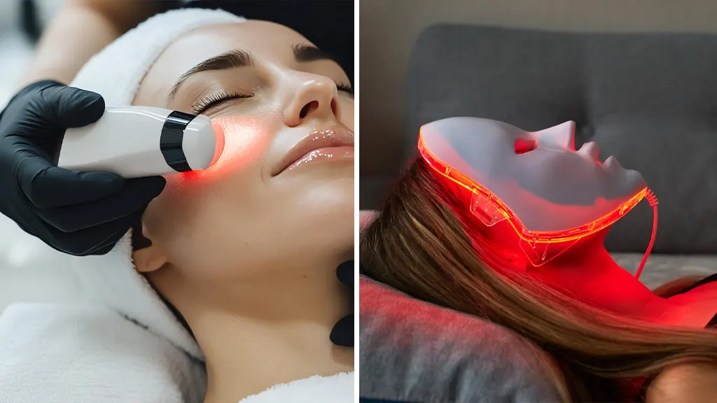 Facial treatments with LED light therapy device and mask in spa setting