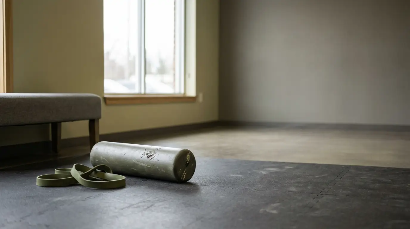 Foam roller and resistance bands on black mat in minimalist exercise room