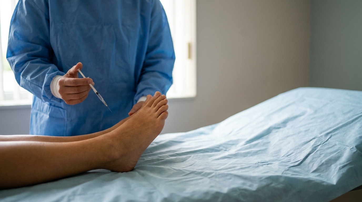 Doctor in blue scrubs preparing to administer injection into patient's foot in clinic setting